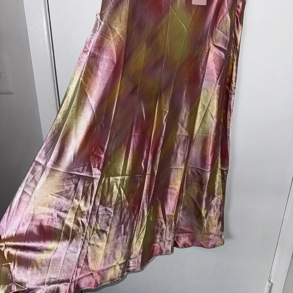 Micas‎ Pastel Tie-Dye Satin High wasited Midi Skirt Multicolor Flowy Large